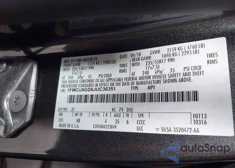 2018 Ford Escape Se z USA, uszkodzony, nr VIN 1FMCU9GD6JUC36351